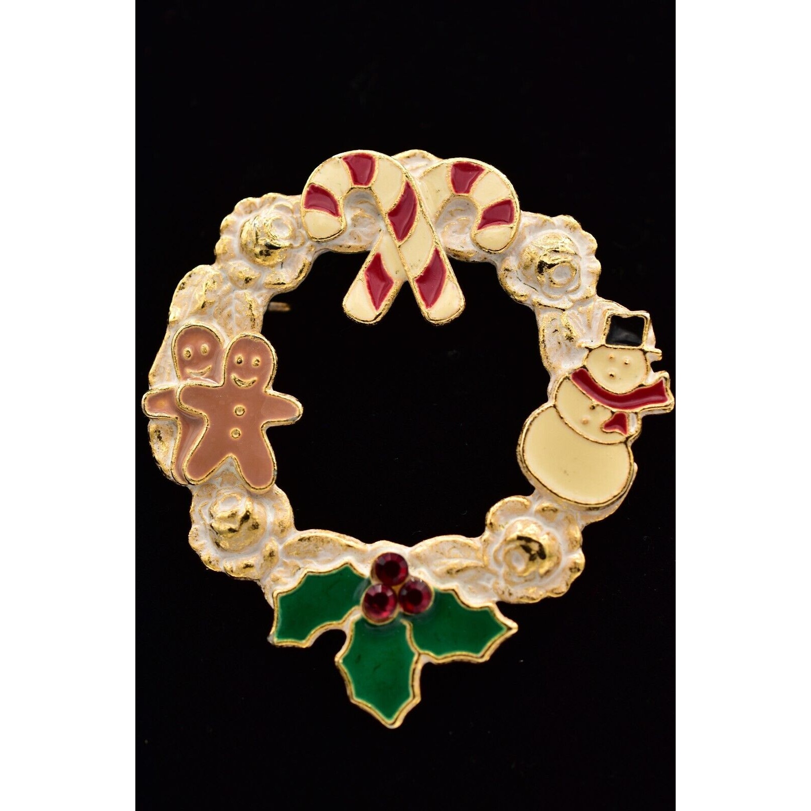 Kc Christmas Wreath Pin Brooch Candy Cane Snowman Gingerbread Mistletoe Binah 25$
